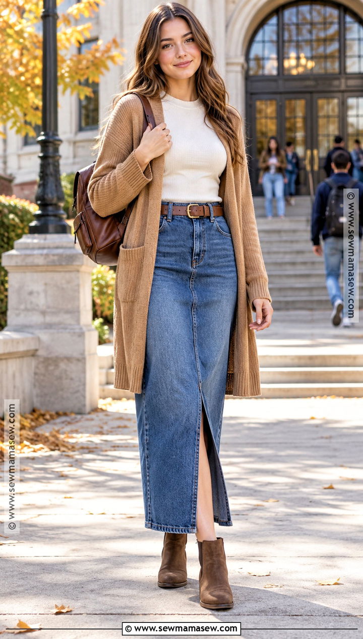 Long Cardigan And Denim Maxi Skirt School Outfit - 20 autumn school outfit ideas