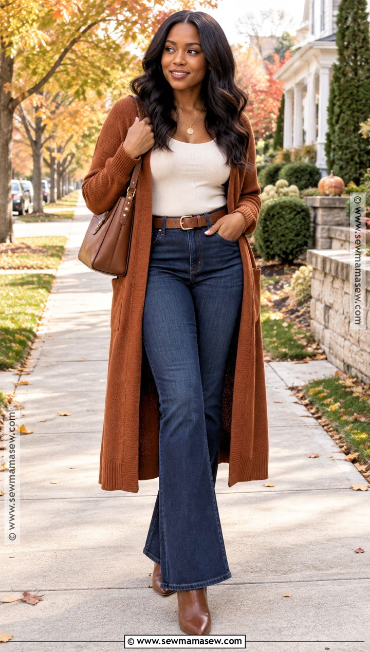 Long Cardigan And Flare Jeans Fall Outfit - 30 fall outfits for black women