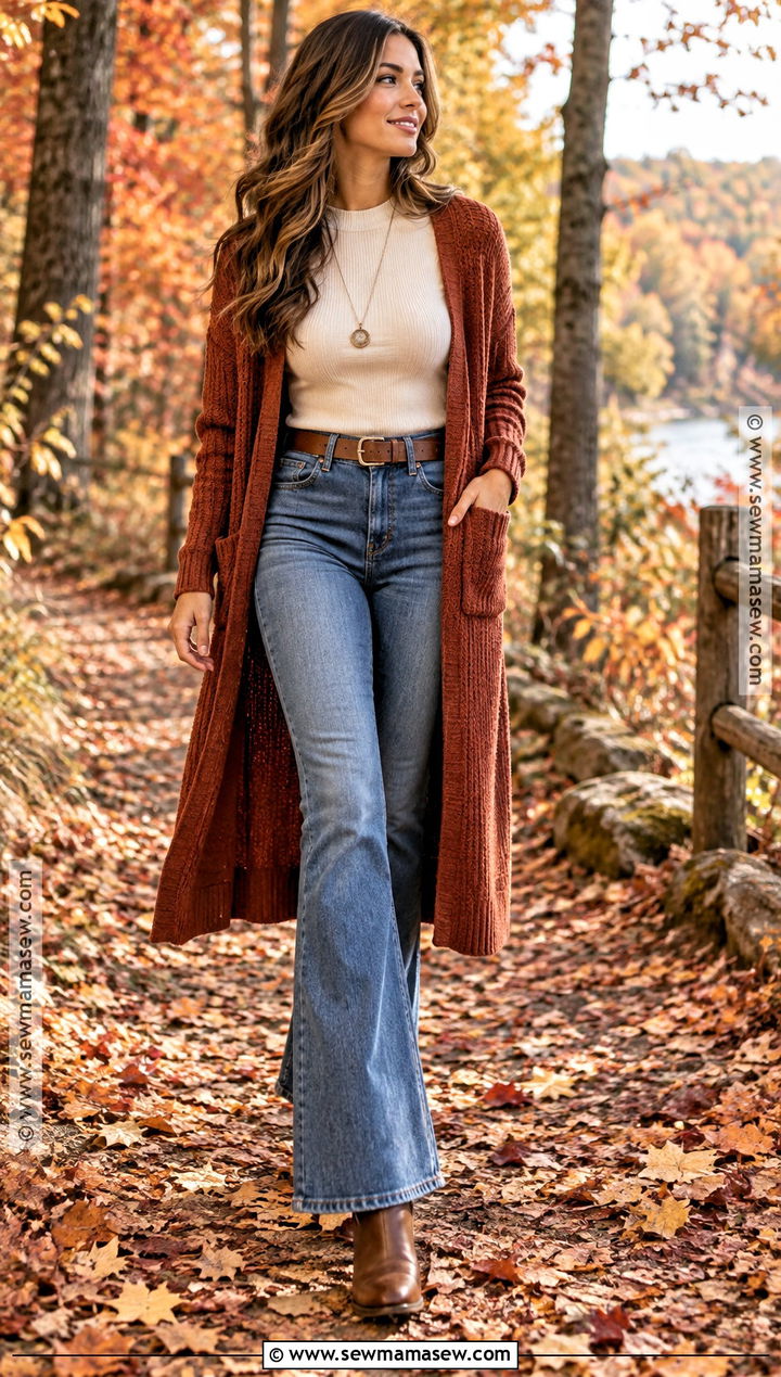 Long Cardigan And Flare Jeans Fall Photo Shoot Outfit - 30 fall photo shoot outfits