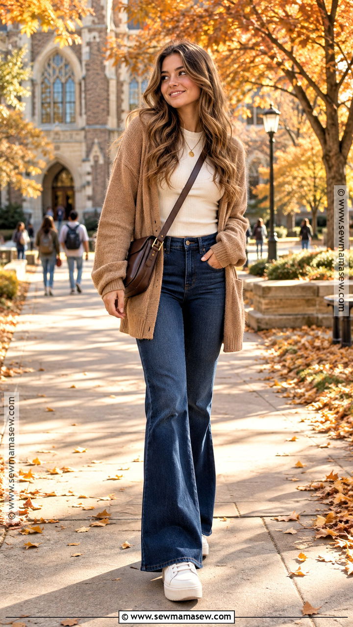 Long Cardigan And Flare Jeans Fall School Outfit - 20 fall outfits women school