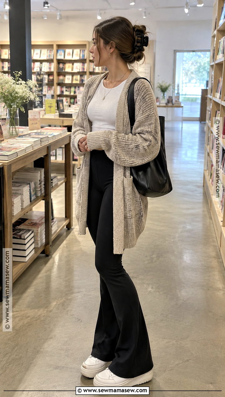 Long Cardigan And Flare Leggings Fall Outfit - 20 Teen Girl Fall Outfits