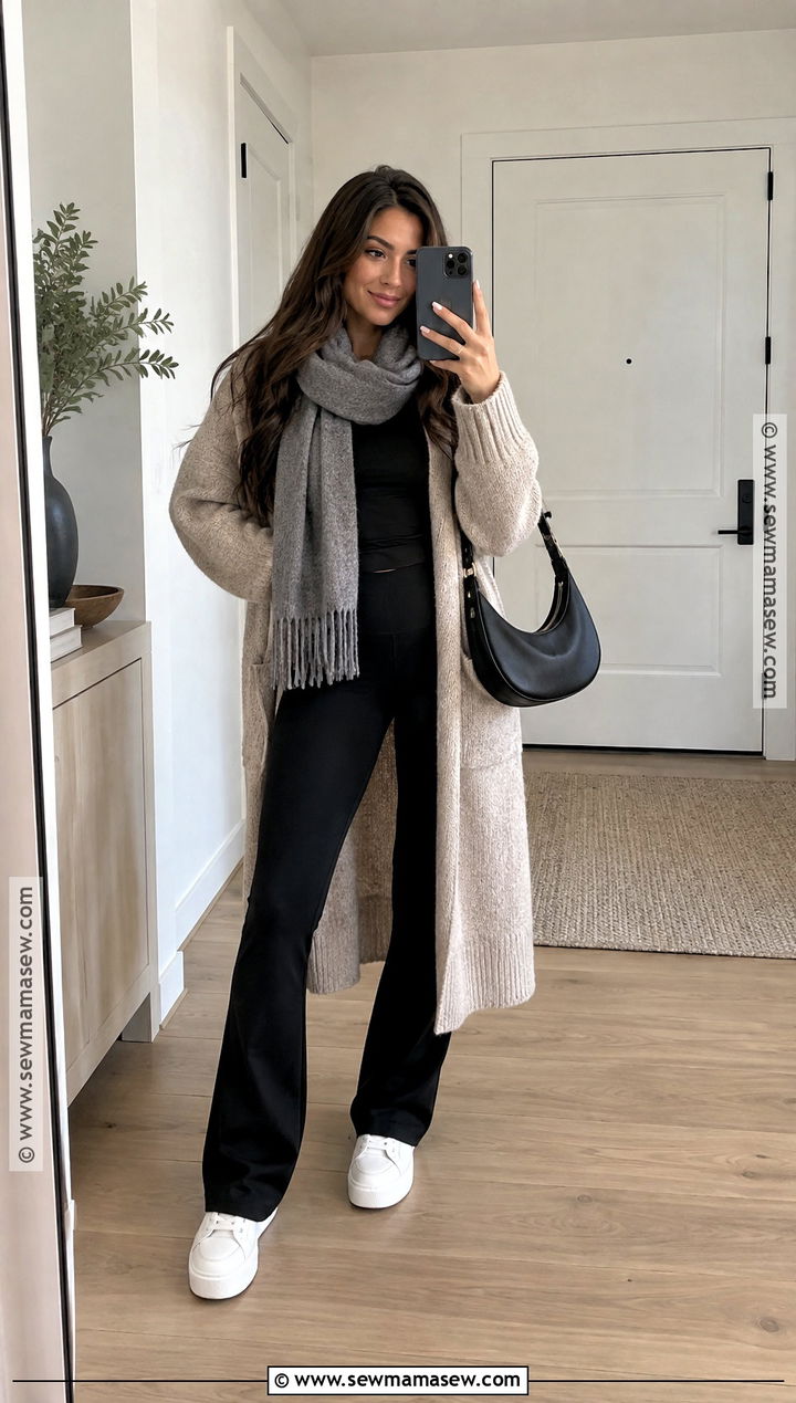 Long Cardigan And Flare Leggings Outfit - 15 Fall Cozy Outfit Casual Ideas