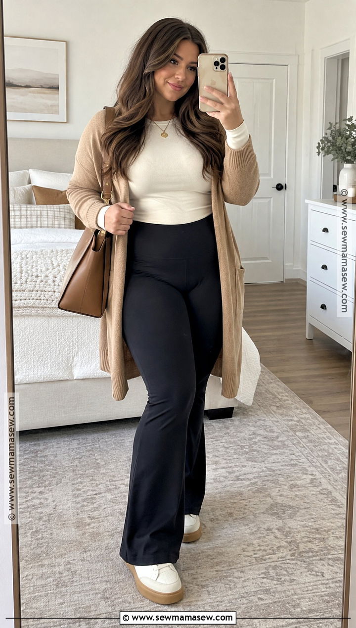 Long Cardigan And Flare Leggings Thanksgiving Outfit - 25 Comfy Thanksgiving Outfit Ideas