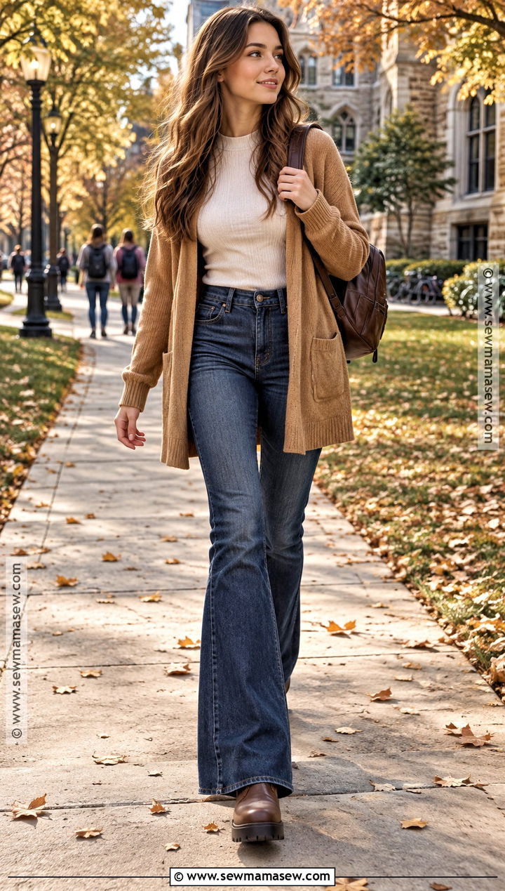 Long Cardigan And Flared Jeans Fall School Outfit - 30 fall outfits for school