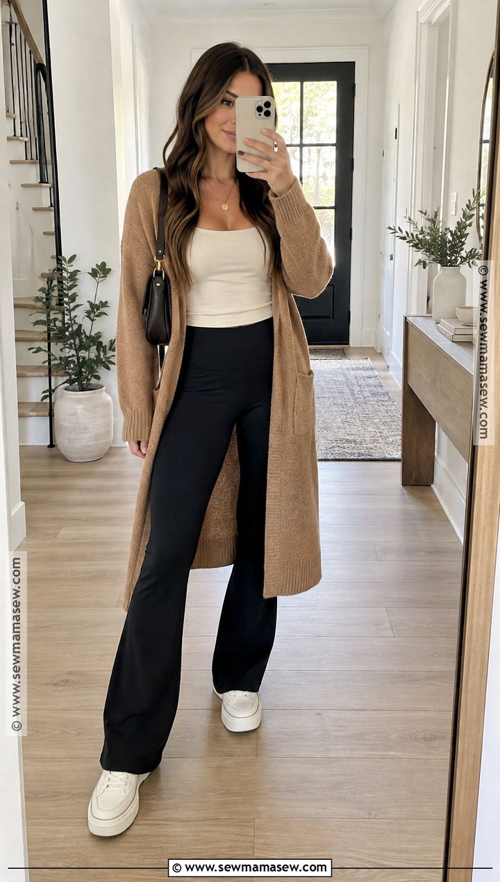 Long Cardigan And Flared Leggings Fall Outfit - 25 fall chill outfits