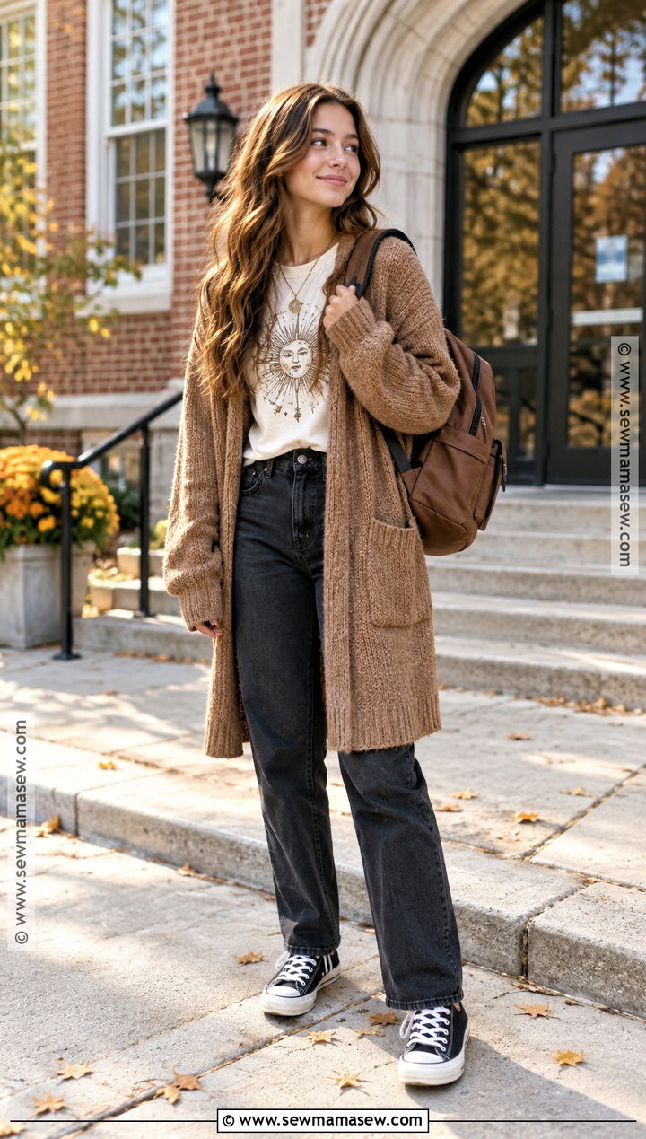 Long Cardigan And Graphic Tee School Outfit - 25 fall fits for school