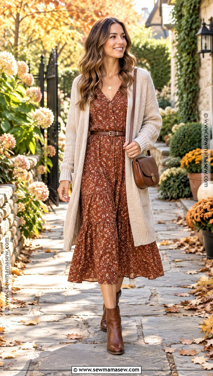 Long Cardigan And Midi Dress Fall Outfit - 25 cozy fall fits