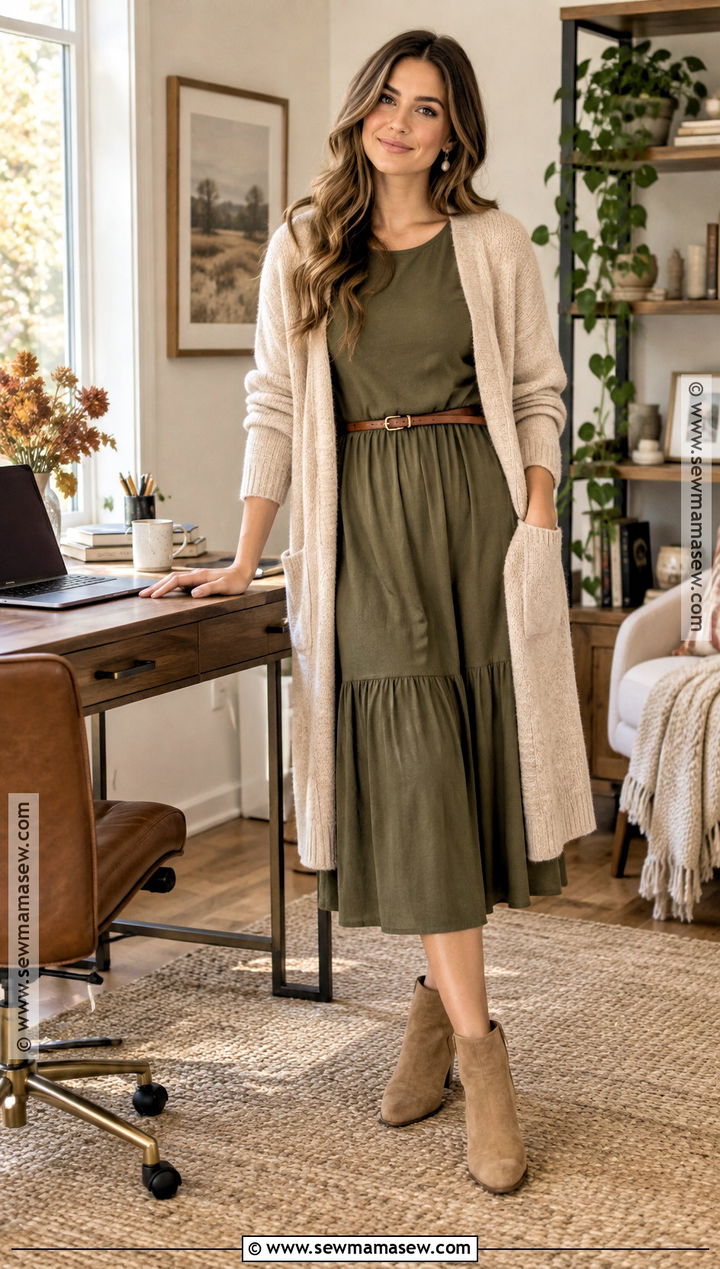 Long Cardigan And Midi Dress Fall WFH Outfit - 15 Work From Home Fall Outfit Ideas