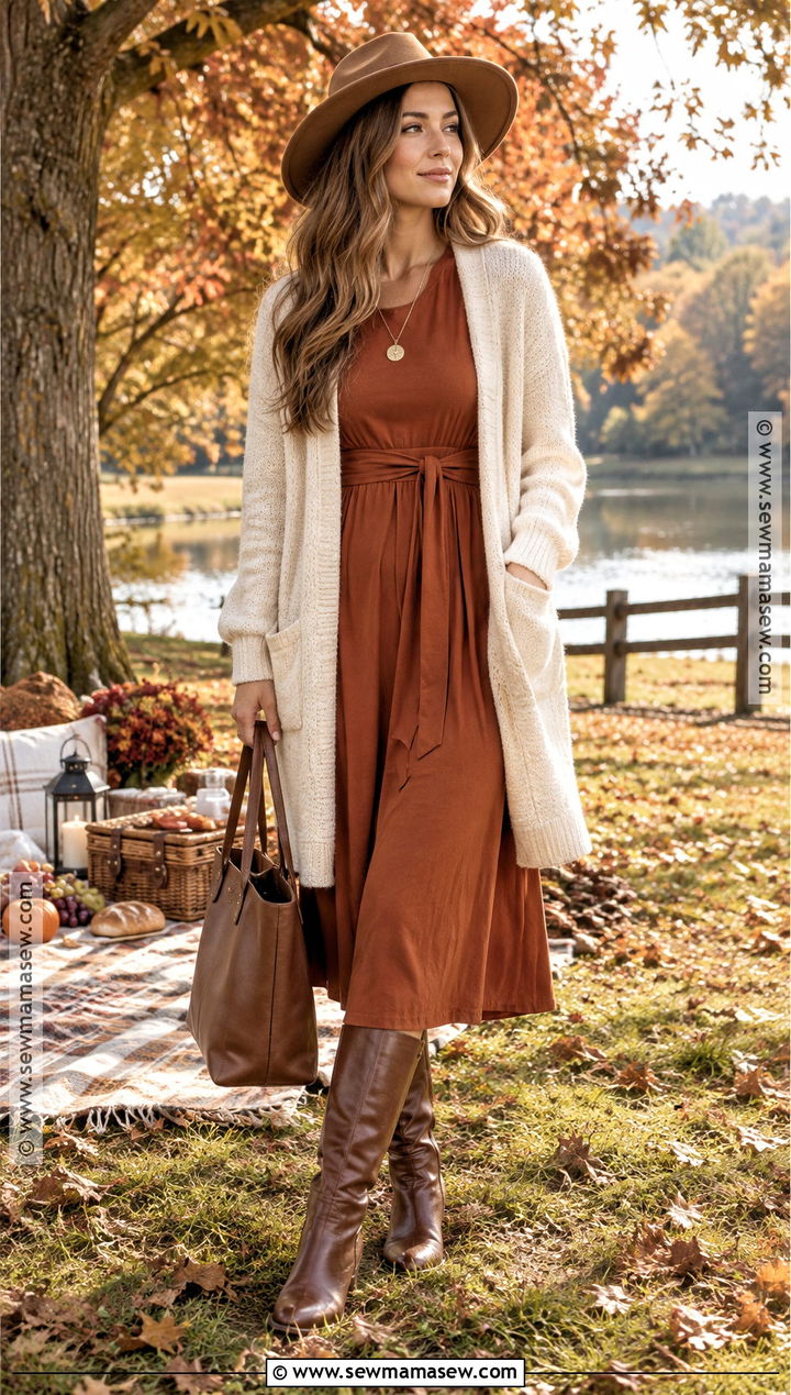 Long Cardigan And Midi Dress Picnic Outfit - 25 fall picnic outfit ideas