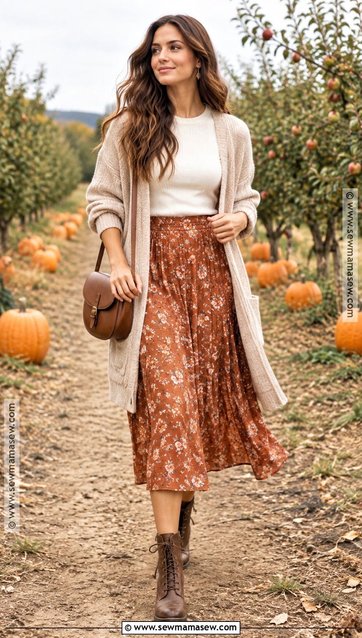 Long Cardigan And Midi Skirt Pumpkin Patch Outfit - 20 Pumpkin Patch Aesthetic Outfits