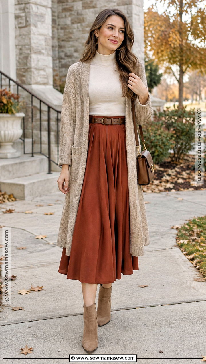 Long Cardigan And Midi Skirt Thanksgiving Church Outfit - 20 Thanksgiving Church Outfit Ideas