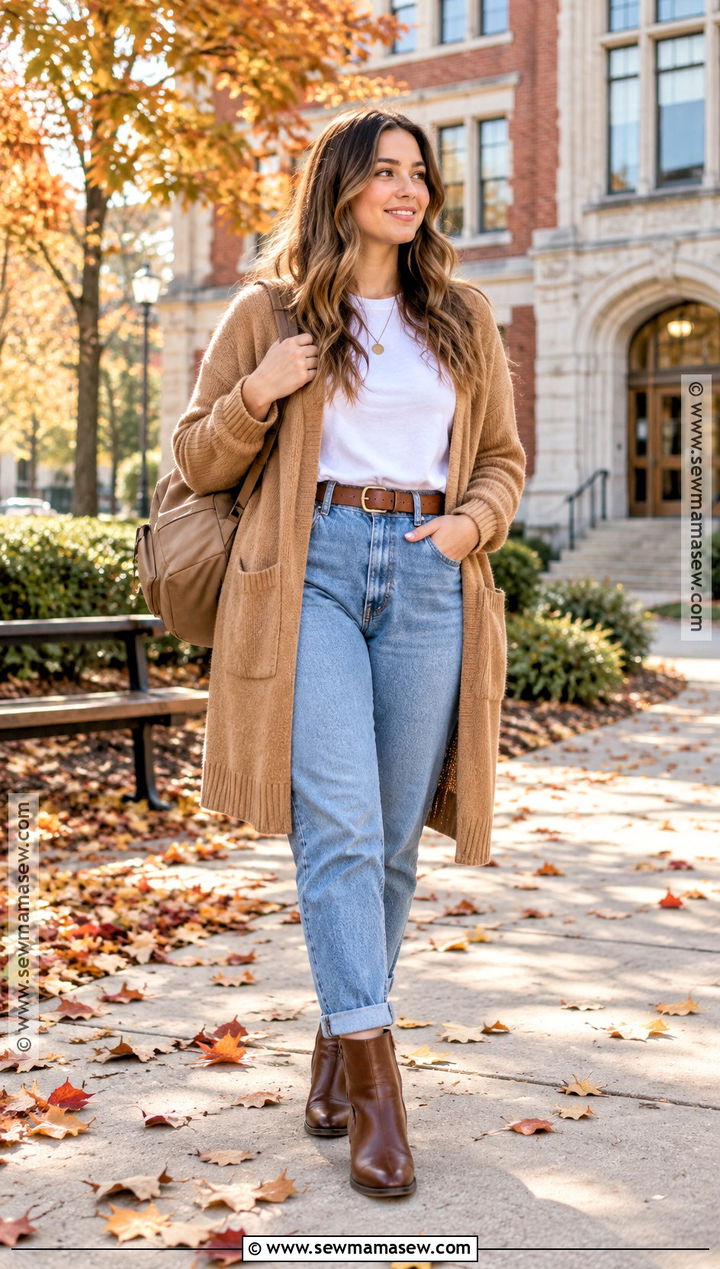 Long Cardigan And Mom Jeans School Outfit - 25 cute outfits for school fall