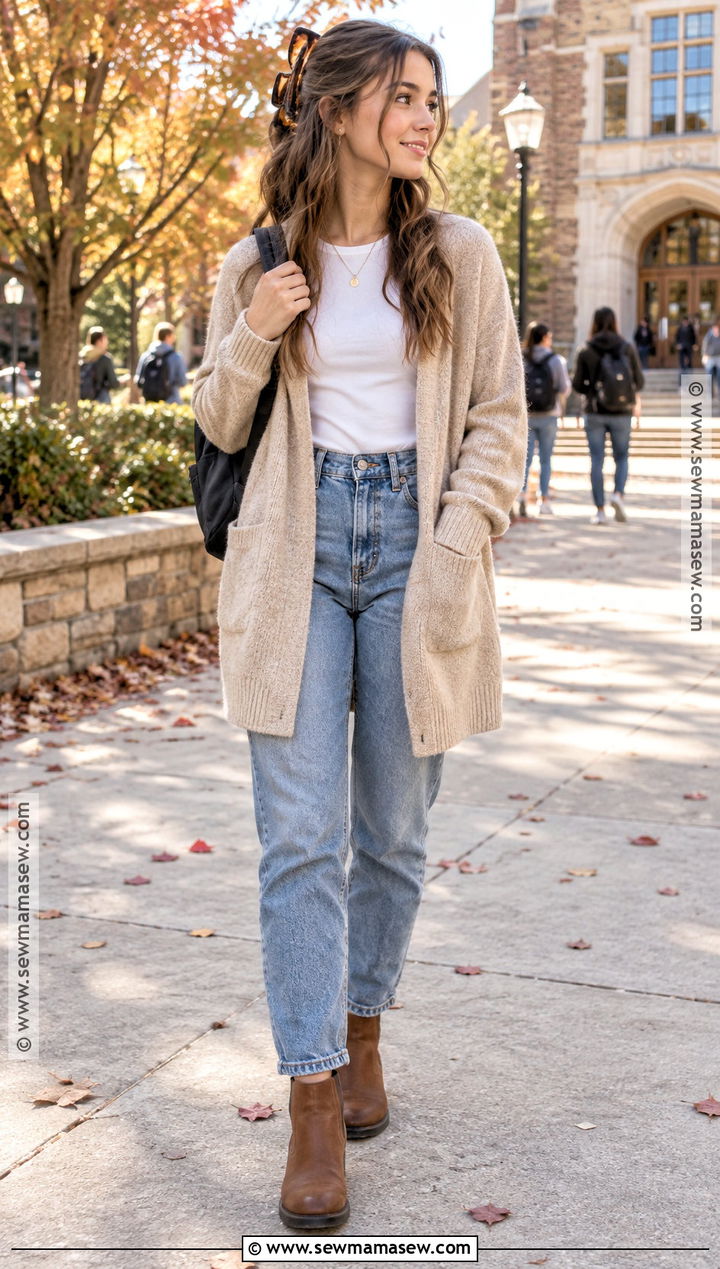 Long Cardigan And Mom Jeans School Outfit - 15 fall school outfits highschool 2026