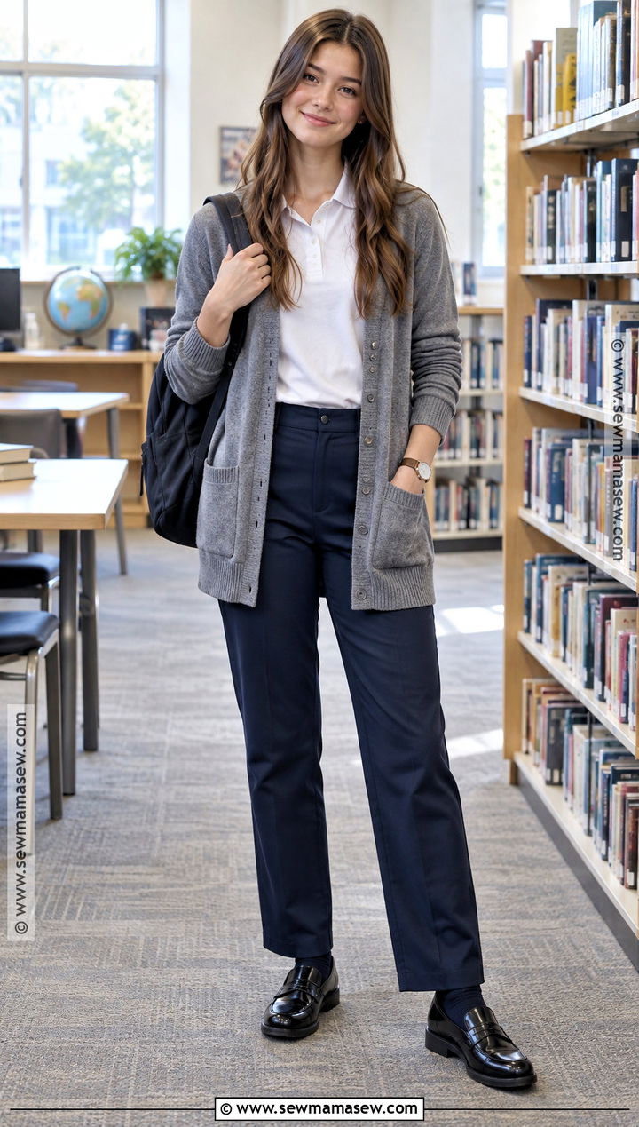 Long Cardigan And Navy Pants Uniform Outfit - 25 Back To School Uniform Outfits