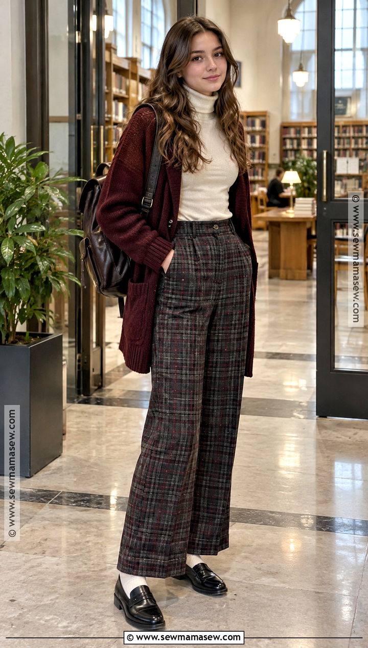 Long Cardigan And Plaid Trousers School Outfit - 25 autumn outfits school