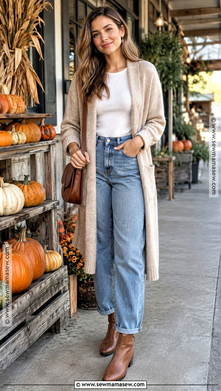 Long Cardigan And Relaxed Jeans Pumpkin Patch Outfit - 20 Pumpkin Patch Outfit Women Fall Ideas