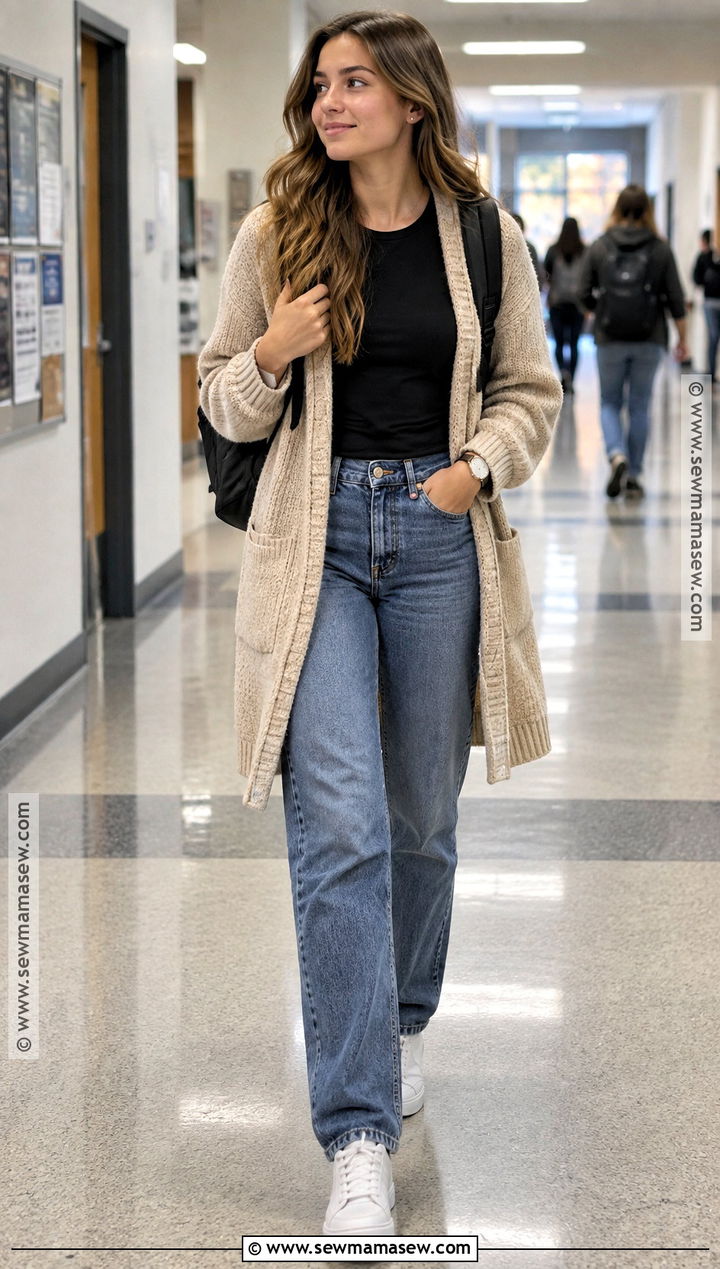 Long Cardigan And Straight Jeans Autumn School Outfit - 25 outfit ideas for school autumn