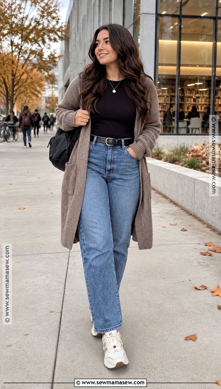 Long Cardigan And Straight Jeans School Outfit - 20 comfy school outfits fall