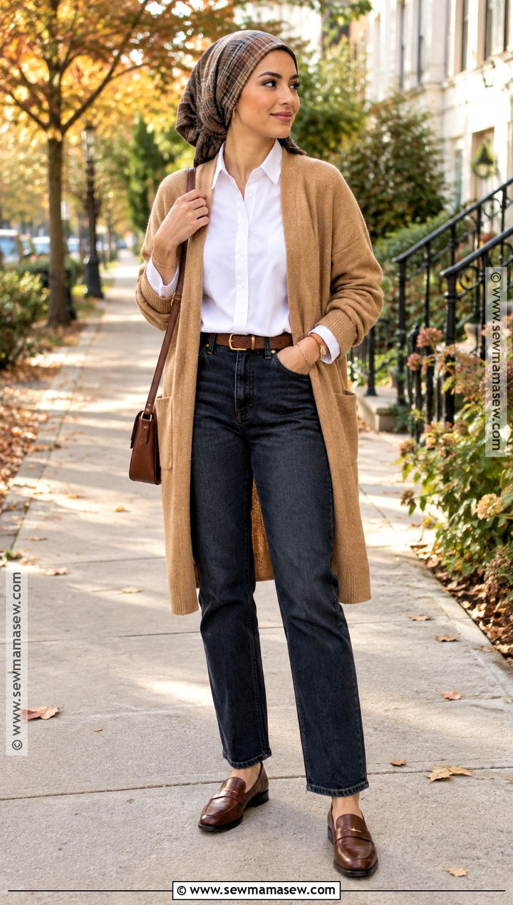 Long Cardigan And Straight Jeans With Headwrap - 15 Fall Headwrap Outfit Ideas
