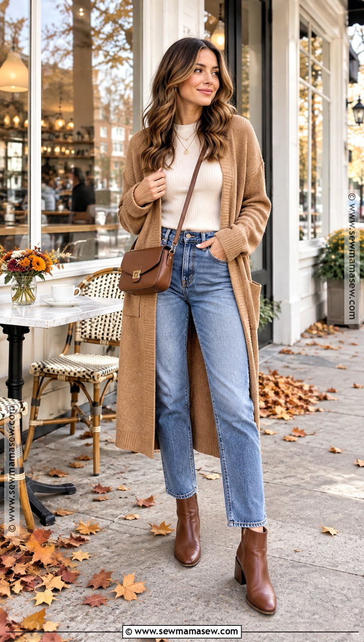 Long Cardigan And Straight Leg Jeans Autumn Brunch Outfit - 25 autumn brunch outfit ideas