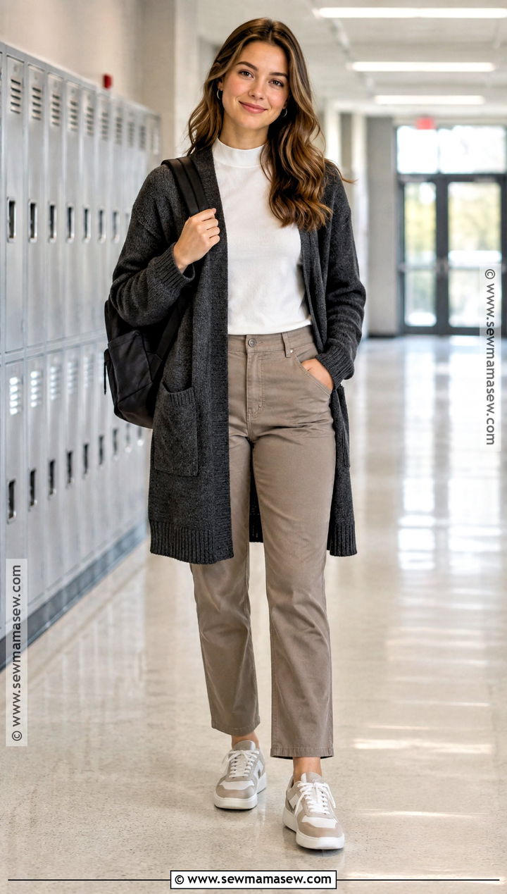 Long Cardigan And Straight Leg Pants Outfit - 20 Back To School Outfits Modest