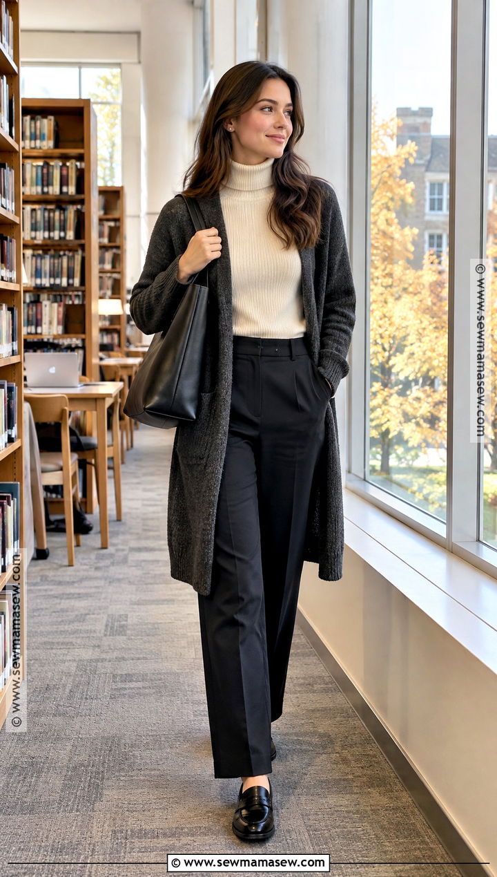 Long Cardigan And Straight Leg Trousers Uni Outfit - 25 uni fits autumn