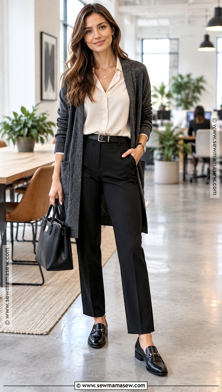 Long Cardigan And Tailored Pants Office Outfit - 20 fall business casual outfits office wear