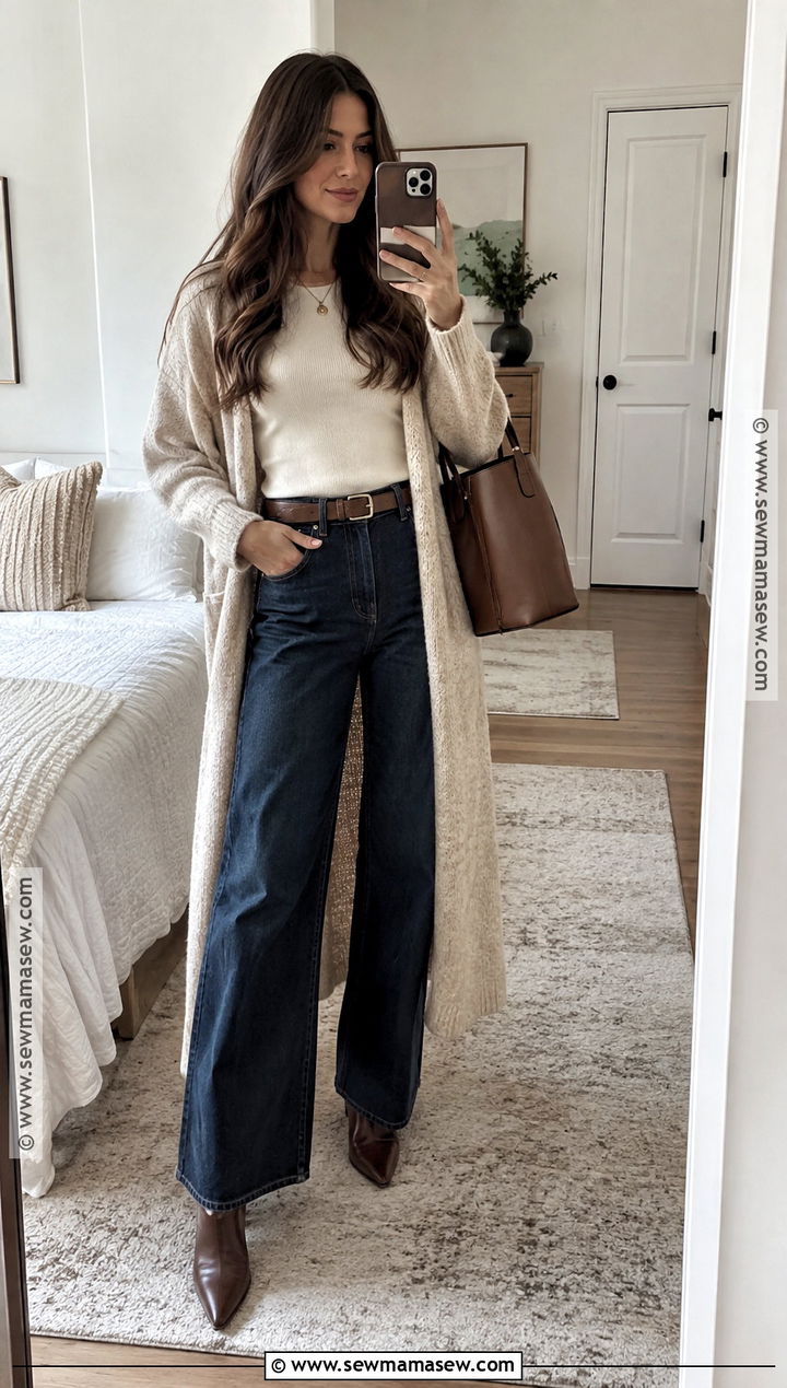 Long Cardigan And Wide Leg Jeans Fall Outfit - 25 classy fall outfits