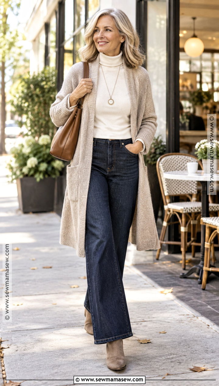 Long Cardigan And Wide Leg Jeans Fall Outfit - 15 50S Fall Fashion Ideas