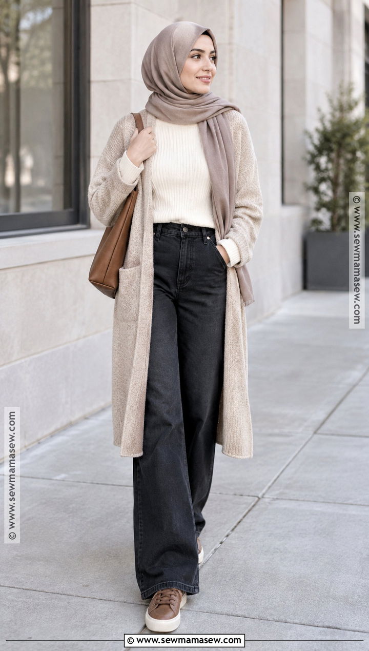 Long Cardigan And Wide Leg Jeans Hijabi Fall Outfit - 20 hijabi fall fits