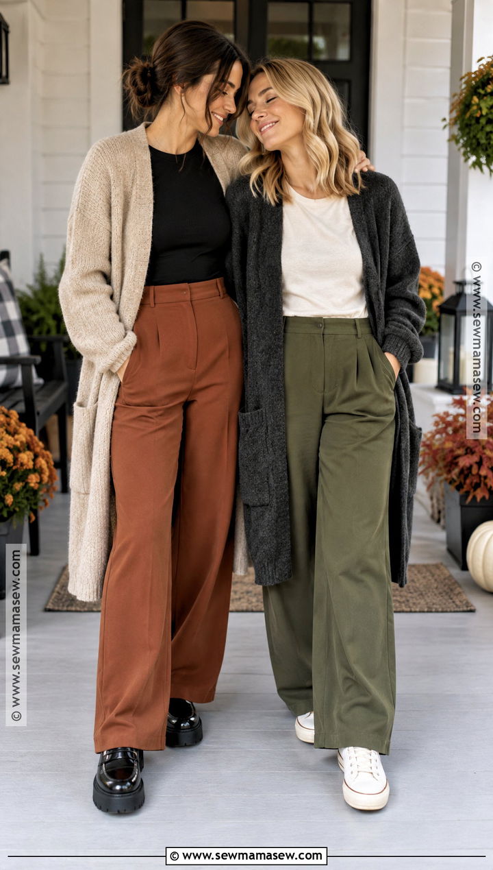 Long Cardigan And Wide Leg Pants Couple Outfit - 15 Lesbian Couple Photoshoot Outfits Fall