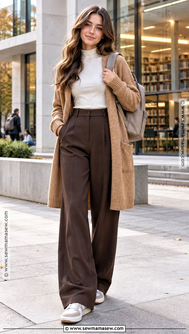 Long Cardigan And Wide Leg Pants Fall School Outfit - 25 fall outfit inspo for school ideas