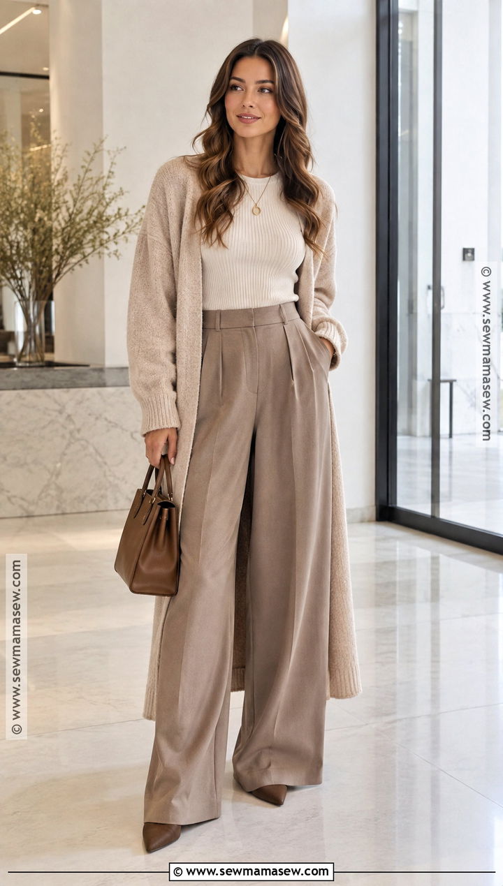 Long Cardigan And Wide Leg Trousers Autumn Outfit - 30 outfit autumn ideas
