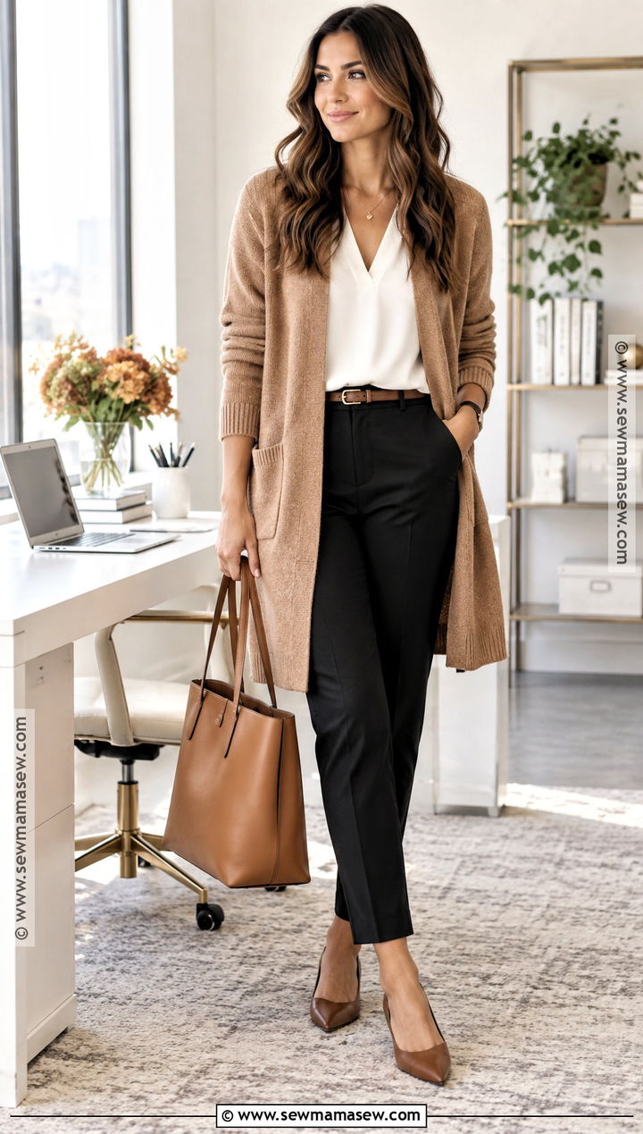Long Cardigan Blouse and Ankle Pants Outfit - 15 fall business casual outfits for women 2026