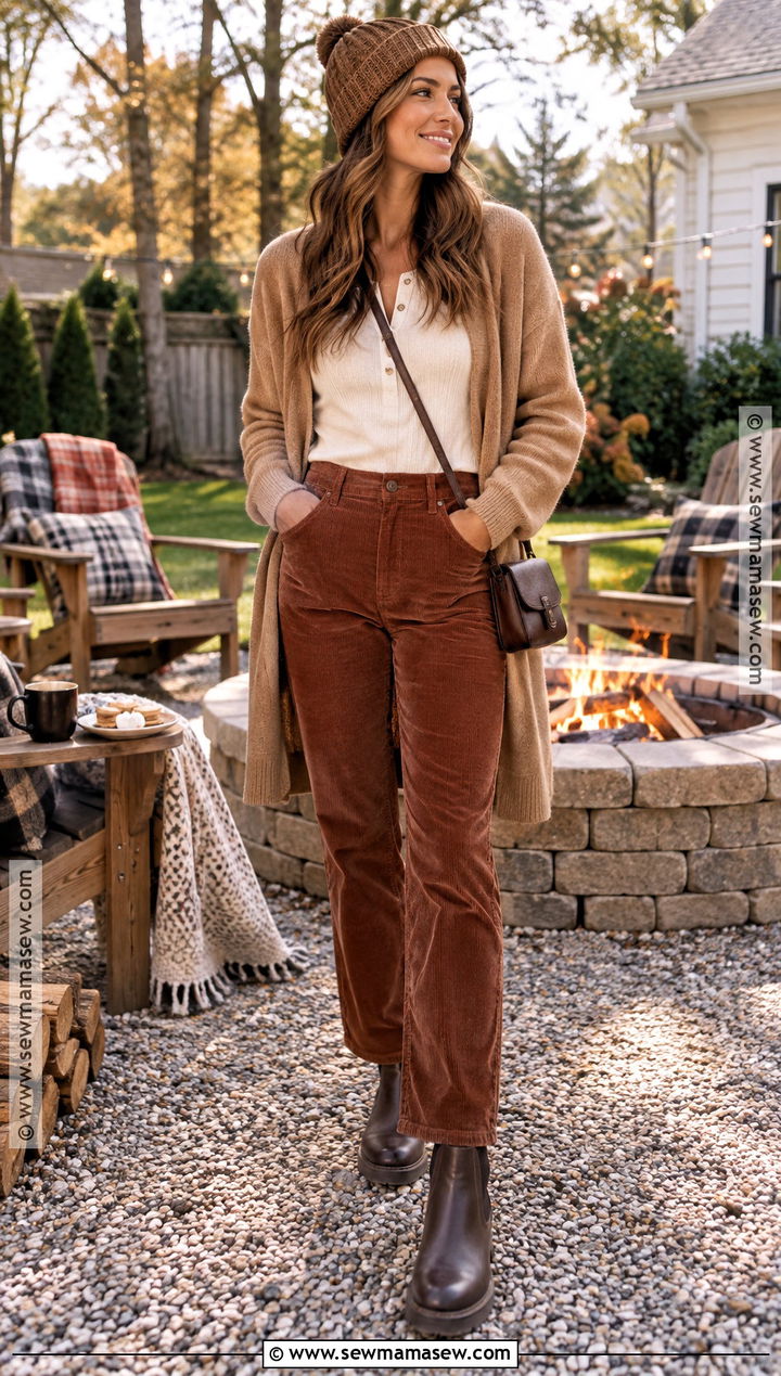 Long Cardigan Bonfire Outfit With Corduroy Pants - 20 bonfire outfit fall night ideas