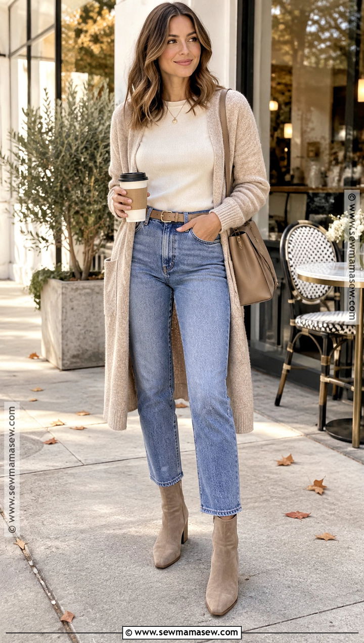 Long Cardigan Cropped Jeans and Sock Boots - 20 Fall Boots Outfit Jeans
