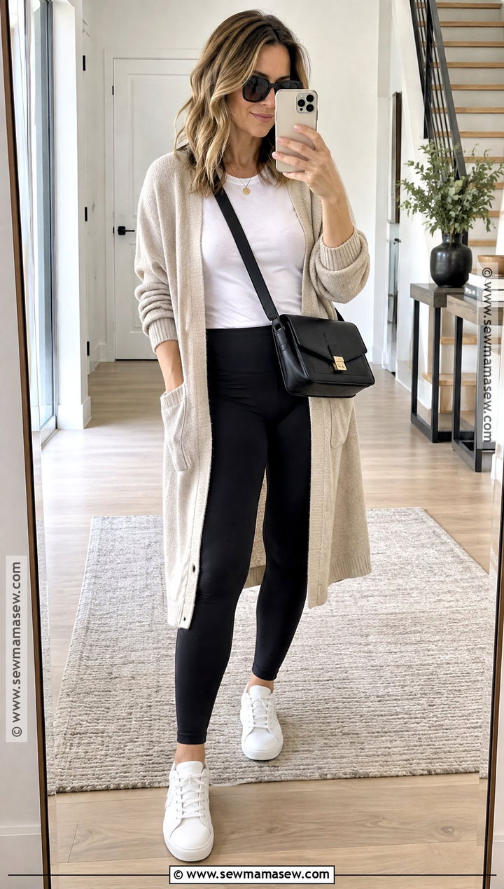 Long Cardigan Fitted Tee and Leggings Outfit - 15 Fall Capsule Wardrobe 2026 Over 30 Ideas