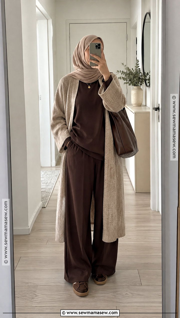 Long Cardigan Hijabi Outfit With Wide Leg Pants - 25 fall hijabi outfits