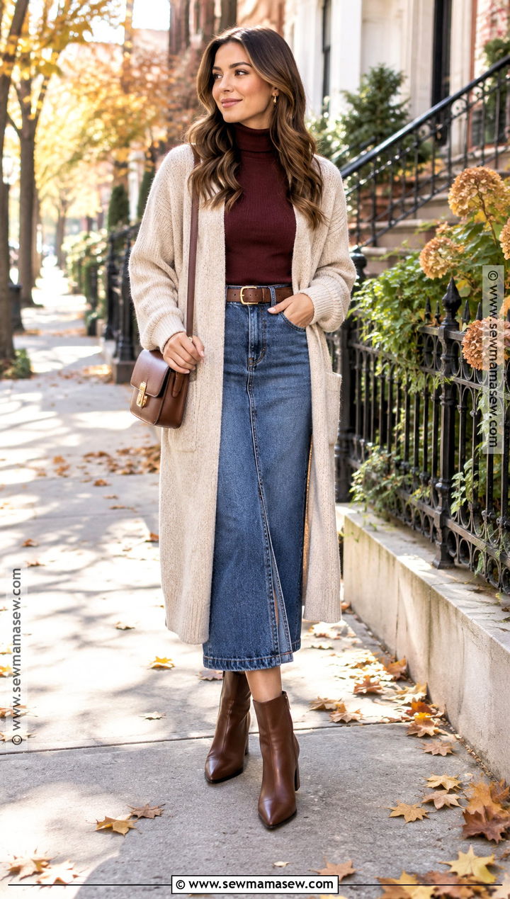 Long Cardigan Jean Midi Skirt And Ankle Boots - 25 jean skirt fall outfits