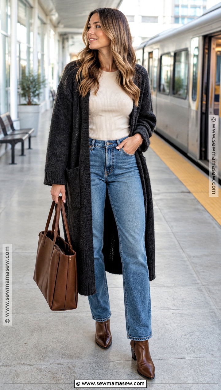 Long Cardigan Sweater With Jeans And Ankle Boots - 20 Fall Outfits With Sweaters