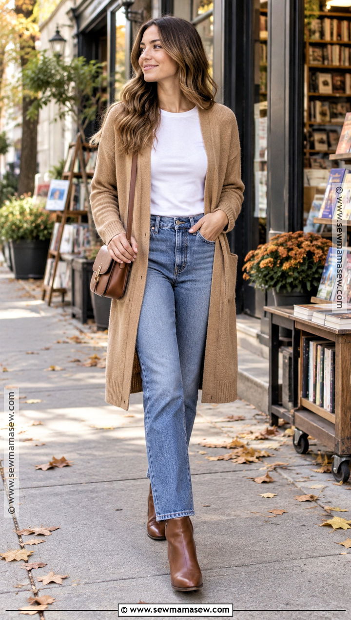 Long Cardigan Sweater With T Shirt And Jeans - 20 Fall Sweaters for Women