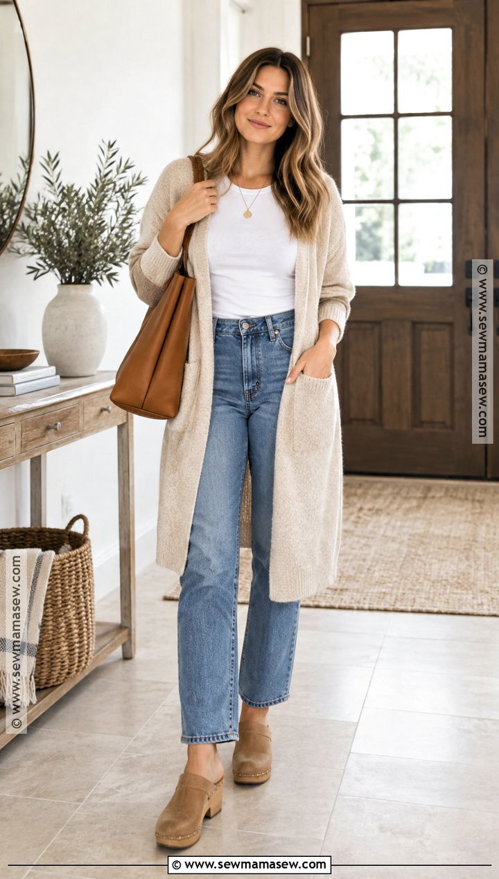 Long Cardigan T Shirt Jeans and Clogs - 25 simple fall outfits