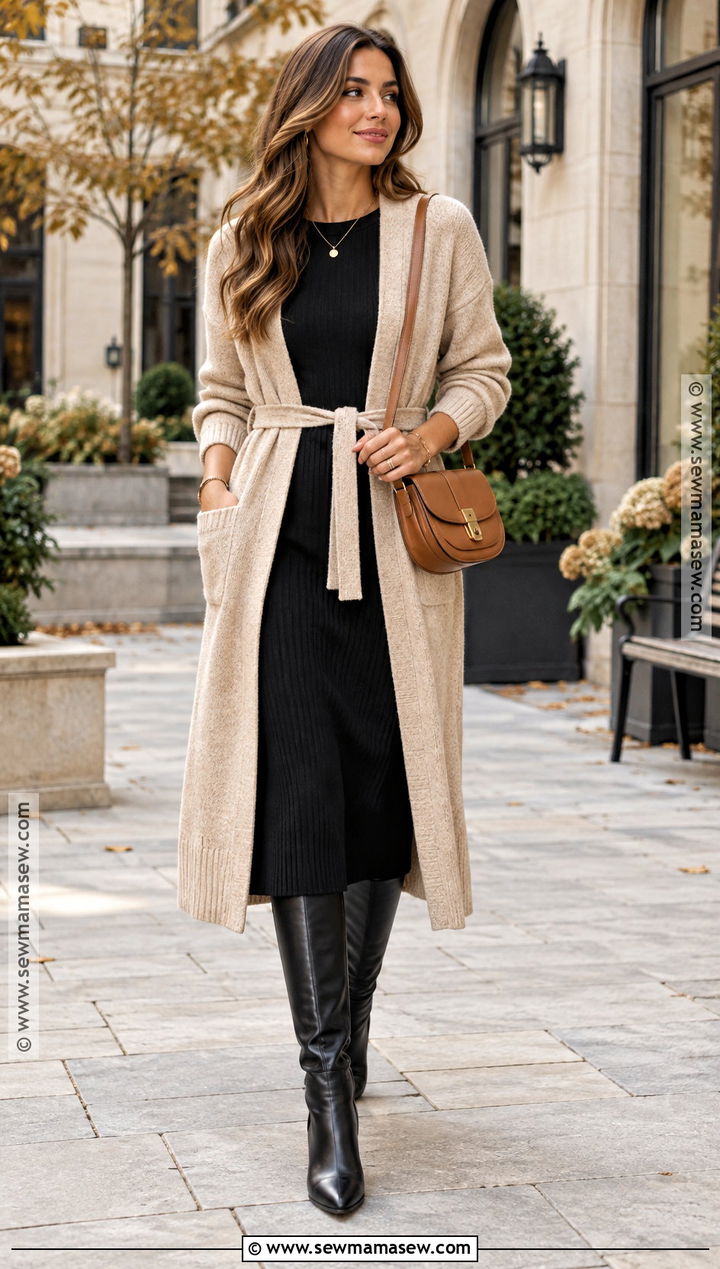 Long Cardigan With Black Midi Dress - 15 Fall Cardigan Outfits Aesthetic