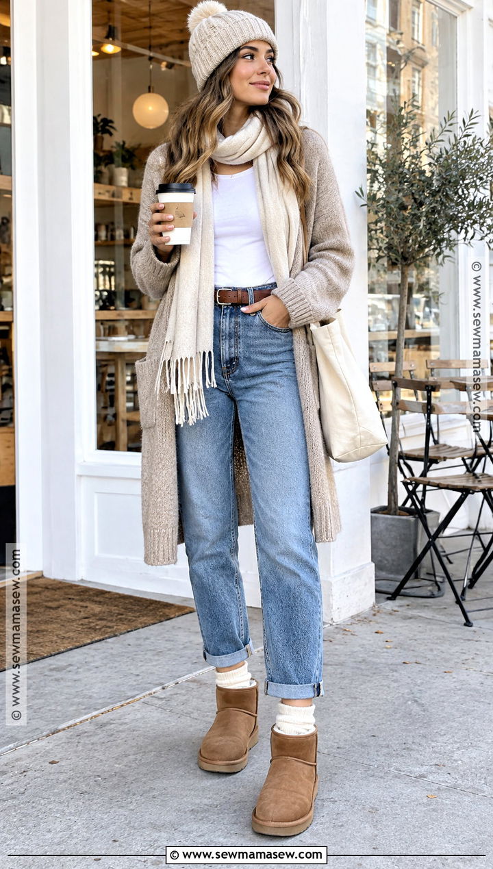 Long Cardigan With Cuffed Jeans And Shearling Boots - 20 Fall Fits With Boots