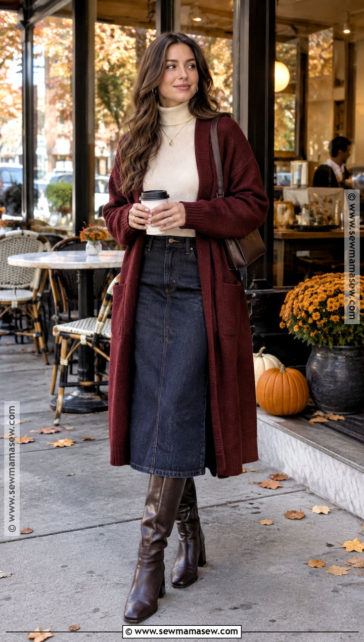 Long Cardigan With Denim Midi Skirt and Boots - 20 New York October Outfit Ideas