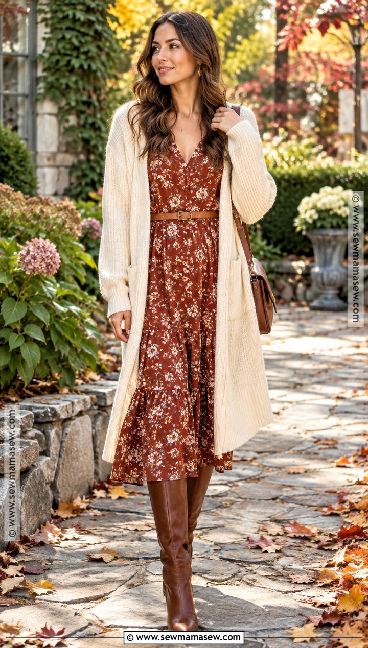 Long Cardigan With Floral Midi Dress - 25 long cardigan outfit fall ideas