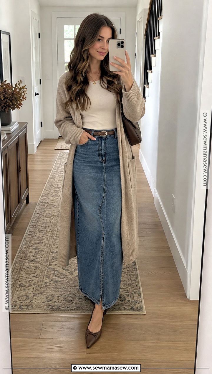 Long Cardigan With Jean Maxi Skirt And Ballet Flats - 20 thanksgiving outfit jean skirt ideas