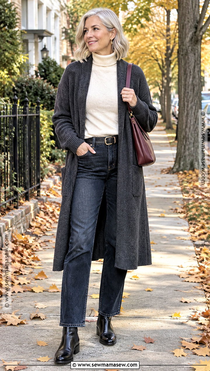 Long Cardigan With Jeans And Chelsea Boots - 15 autumn knitwear outdoors ideas