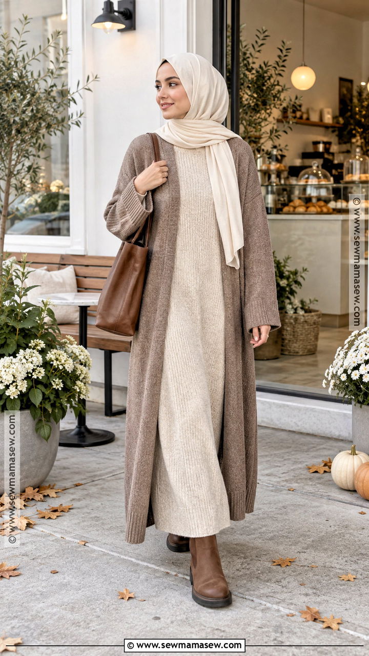 Long Cardigan With Knit Maxi Dress And Flat Boots - 20 Muslim Fall Outfits