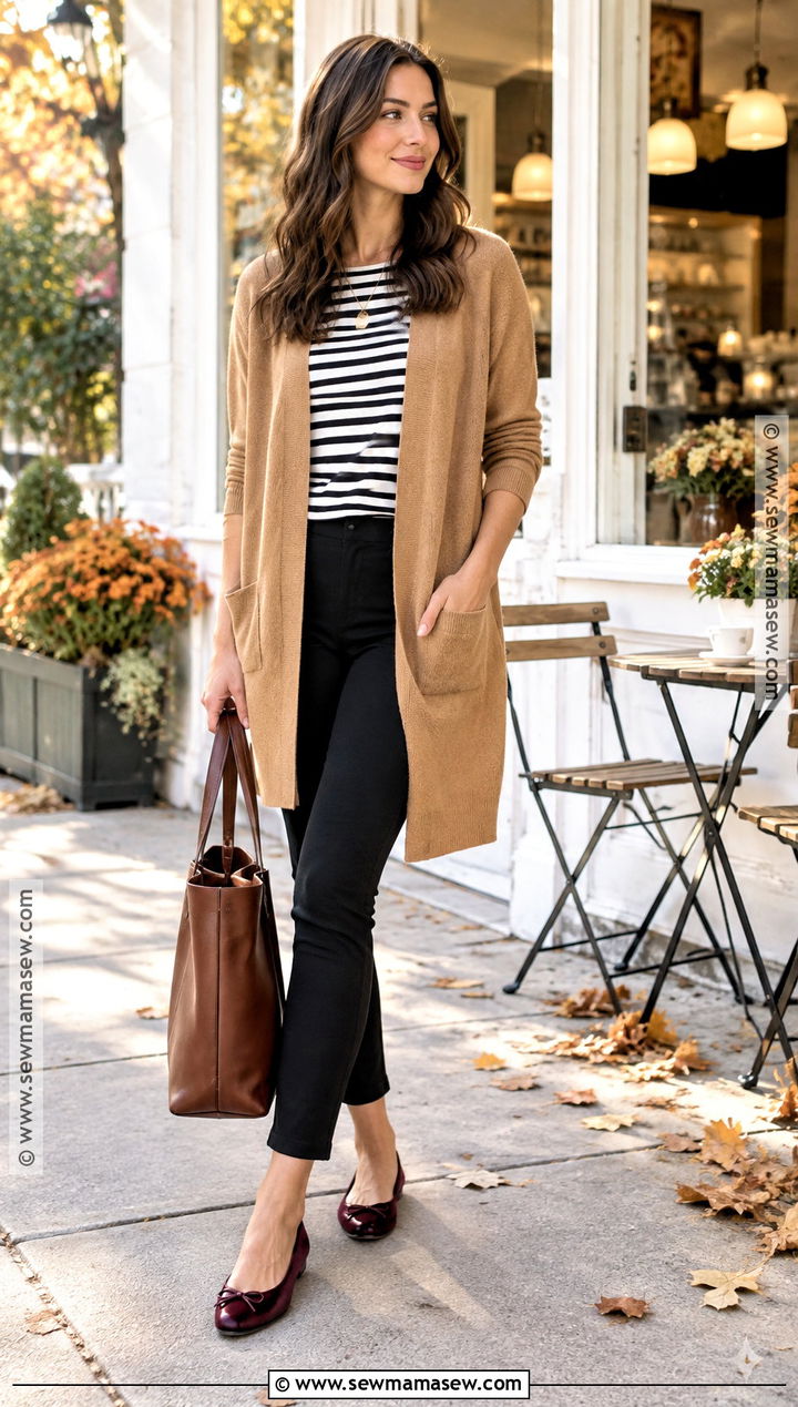 Long Cardigan With Leggings And Ballet Flats - 20 Fall Outfits Women Leggings